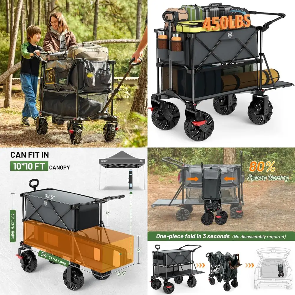 Double Decker Wagon with 400L Capacity, 450lb Load, Collapsible Design, All-Terrain Wheels & Brakes, Ideal for Outdoor Activitie