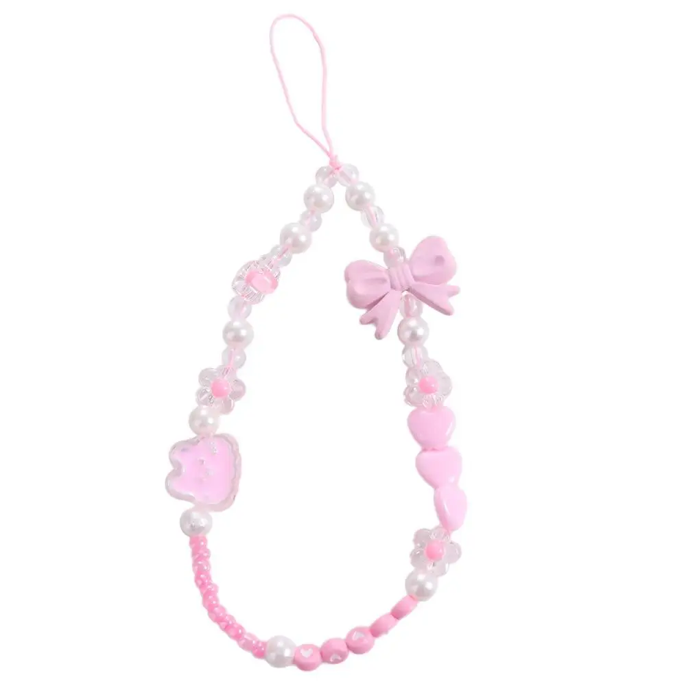 

Plastic Bow Beaded Mobile Phone Chain Beaded Phone Charm Pink Bead Love Bow Pendant Korean Hanging Cord