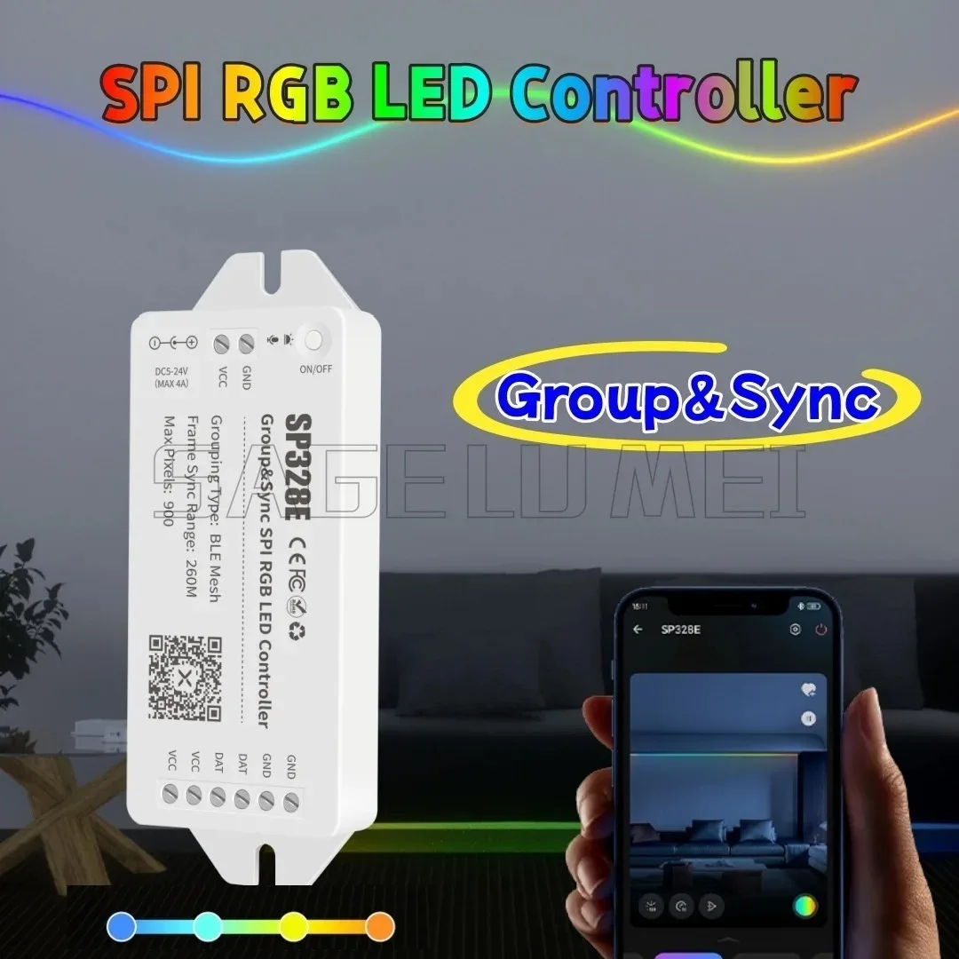 DC5-24V SP328E LED-Lichtleiste, Gruppe und Synchronisierung, SPI RGB-LED-Controller, Bluetooth, kompatibel mit allen SPI-LED-Streifenlichtern, DIY-Modus