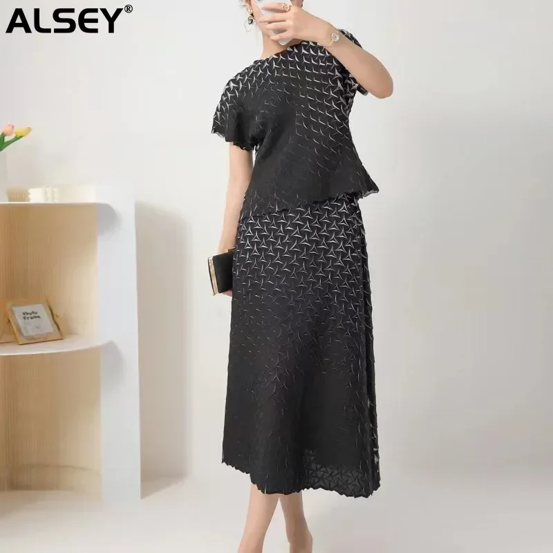 

ALSEY Miyake Pleated Stereoscopic Two Piece Sets Summer New Loose Fold T-shirt Wide Leg Pants Women High Quality Women Clothing