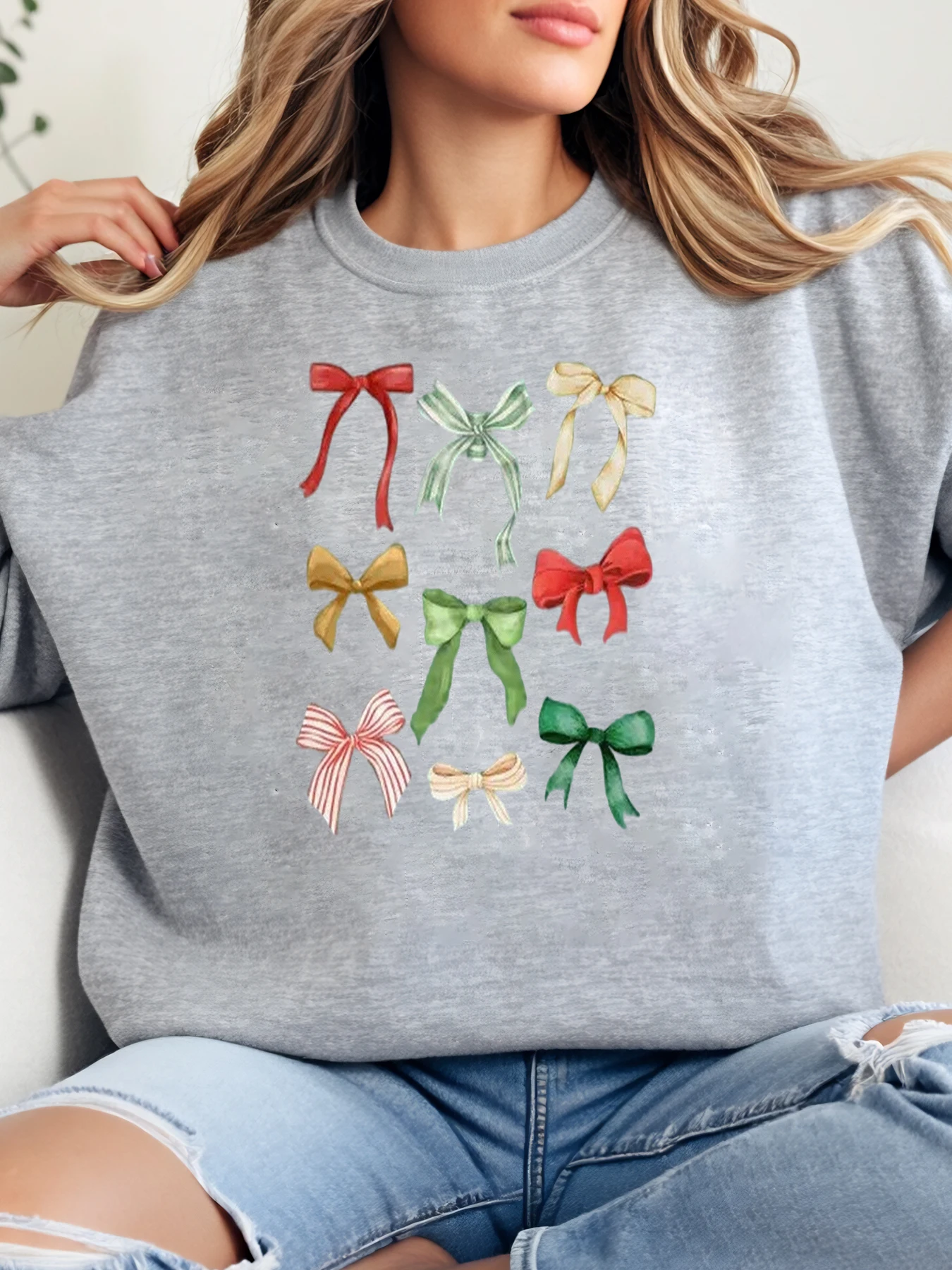 

Bow Print Christmas Sweatshirt Women Casual Holiday Wear Gray Plus-Size