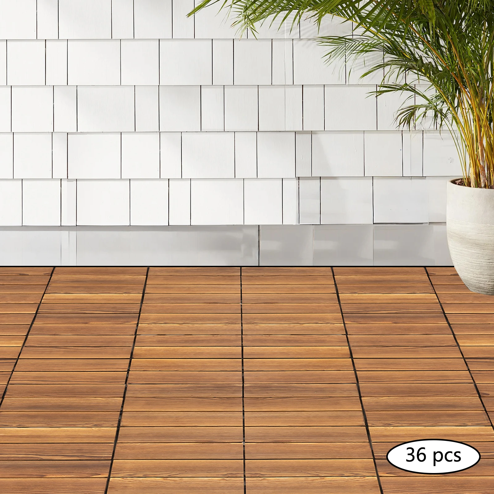 36-Pack Interlocking Larch Wood Deck Tiles – Carbonized Solid Wood – Non-Slip Waterproof Patio Balcony Flooring – Drainage DIY