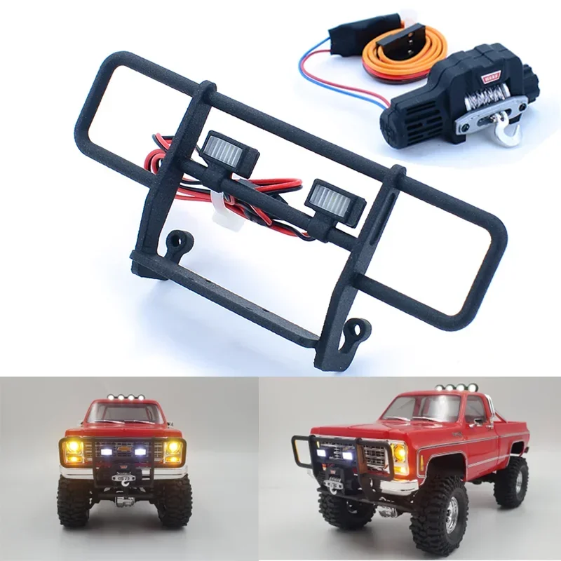 Simulated Front Bumper with Light Electric Winch for 1/18 RC Crawler Car Traxxas TRX4-M Chevrolet K10 Upgrade Parts