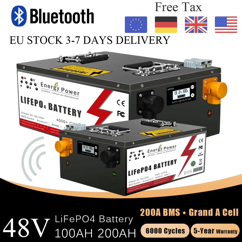 New 48V 50Ah 100Ah 200Ah LiFePO4 Battery Pack Built-in Bluetooth BMS Lithium Iron Phosphate For Solar Golf Cart RV Storage Boat