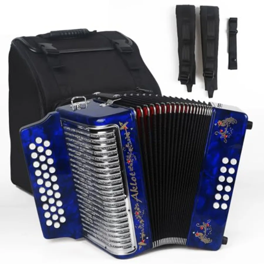 

Аккордеон AKLOT 31 клавиша 12 басов FBE, корпус из целлулоида, металлическая обшивка, более громкий и чистый звук, чем у пластиковых, роскошные утолщенные ремни для переноски.