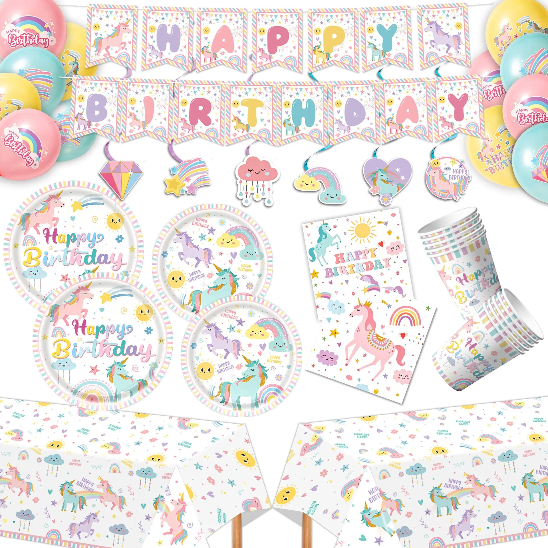 Rainbow Unicorn Birthday Party Supplies Party Tableware Background Banner Birthday Hat Plate Cup Napkin Tablecloth Gift Bag