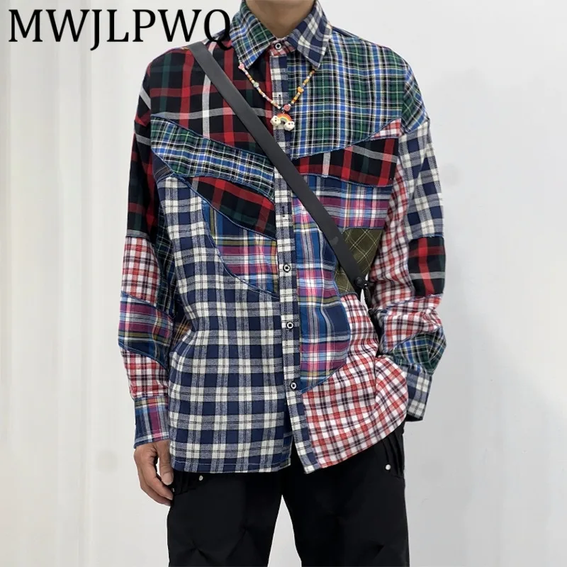 

MWJLPWQ Spliced Plaid Design Male Shirts High Street Lapel Long Sleeve Contrast Color Loose Casual Tops 2025 Autumn New 11848