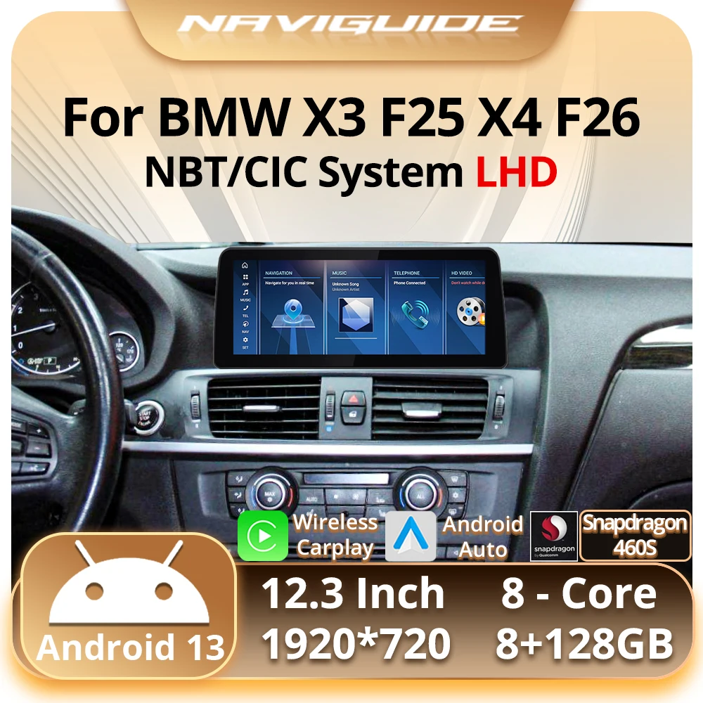 NAVIGUIDE 12.3'' For BMW X3 F25 X4 F26 2013-2017 NBT Susytem Android 13 Car Radio GPS Carplay Multimedia Navigation Player WIFI