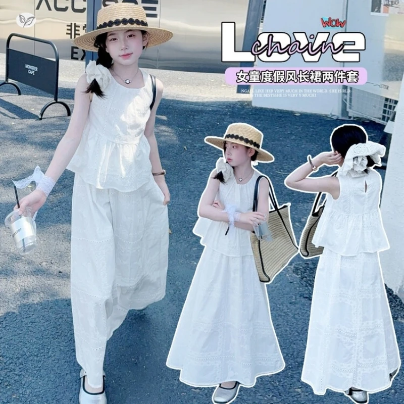 Girls Jacquard Dress Sleeveless Vest Top + Maxi Skirt Set Summer Casual Beach Dress Kids 2Pcs Dress Set