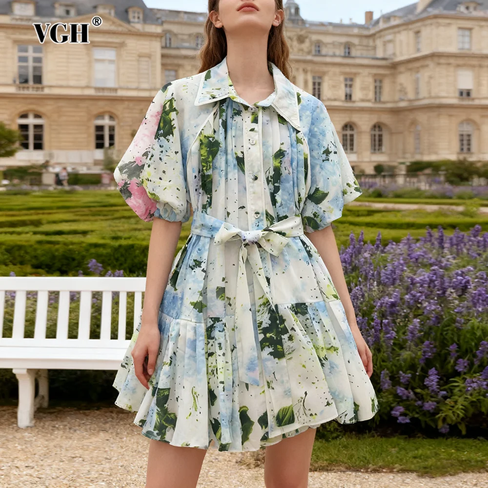 

VGH Короткие платья для похудения со свежим принтом для женщин, с лацканами и половиной рукава, с высокой талией, на шнуровке, милое тонкое платье, женский модный стиль