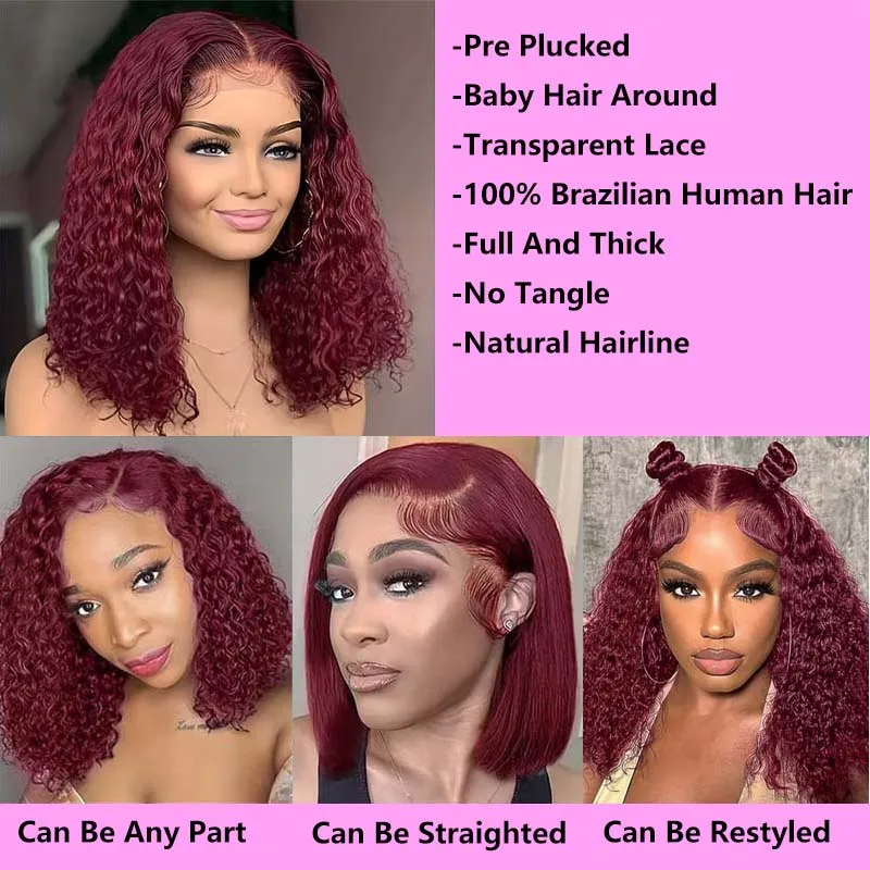 99J Burgundy Bob Deep Wave Lace Front Wigs Human Hair For Women 13x4 HD Lace Frontal Short Curly Bob Wigs Hair Wigs