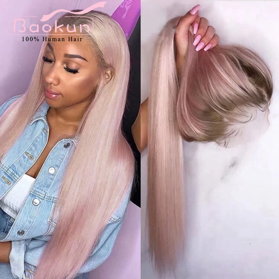 Perruque Full Lace Wig sans colle naturelle, cheveux lisses, pre-plucked, violet, rose ombré, 13 age, transparent HD