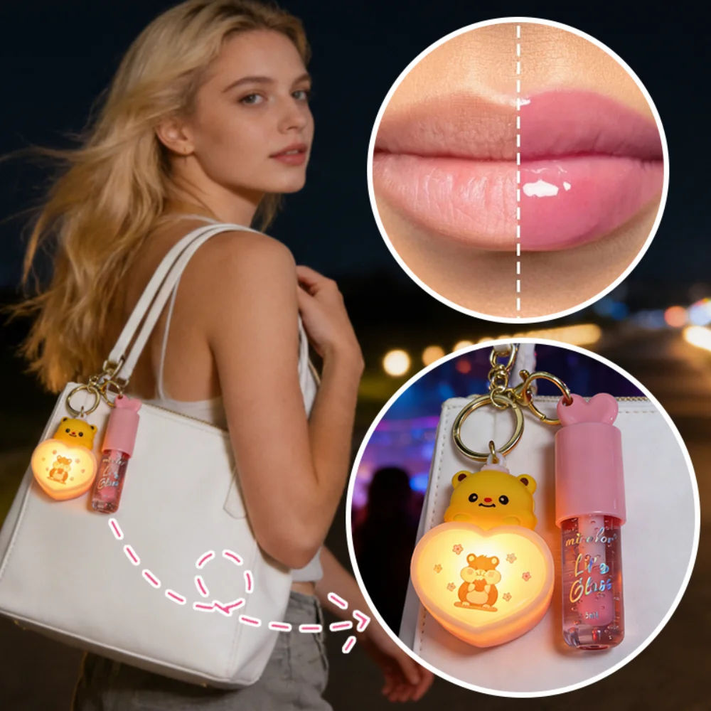 Micolor Kawaii Bear Keychain Lip Gloss Temperature Color Changing LED Light Heart Pendant Portable Lipstick
