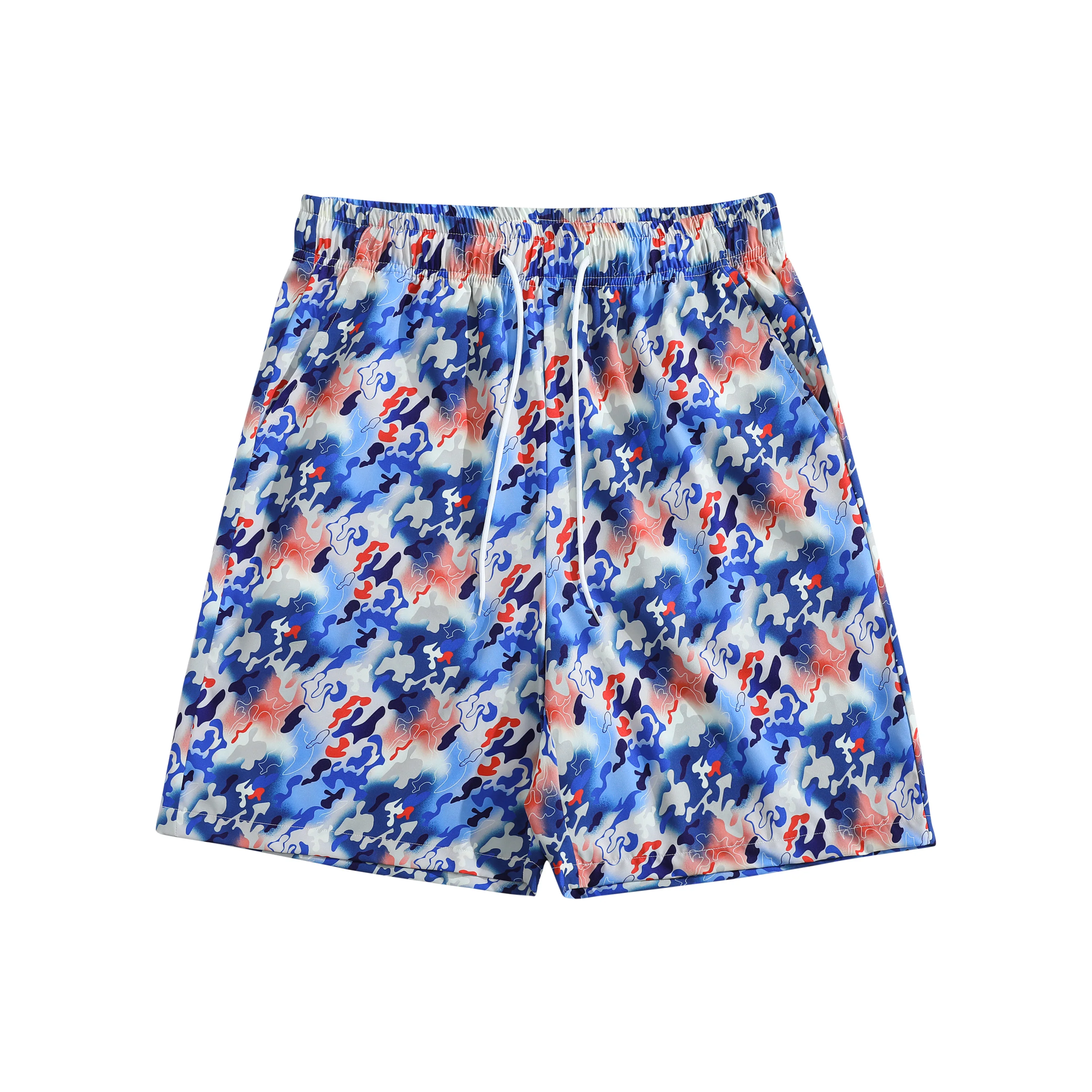

Мужские повседневные шорты синего цвета с красно-белым абстрактным камуфляжным принтом, дышащие, с эластичным поясом на шнурке, современный дизайн.