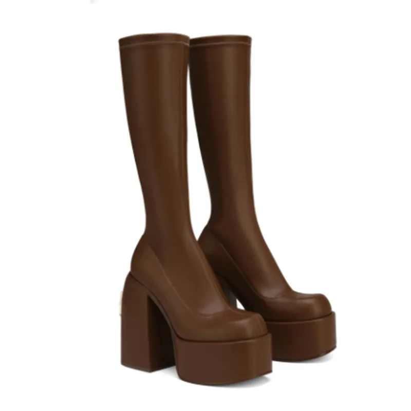 Autumn Winter New Square Heel Platform High Heel Women Boots Patent Leather Solid Color 40-44 Large Size Women's Knee-High Boots
