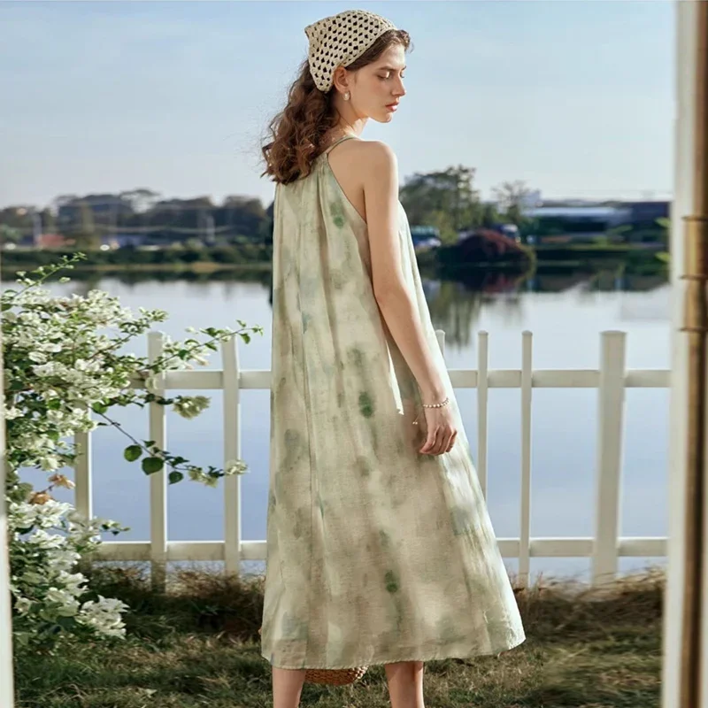 OLrain Urlaub Urlaub Lange Cami Kleider Frauen 2025, Sommer A-linie Ärmellose Chiffon Druck Elegante Sexy Kleider O24XL89918