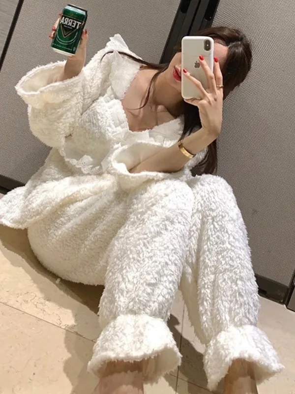 

Комплект одежды Coralline Fce с длинными брюками для женщин с кружевным узлом, прямые брюки, теплый топ Turtlene, сладкий антивозрастной