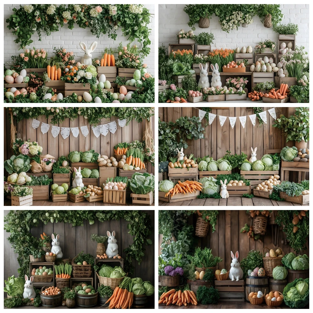 Spring Easter Photography Backdrop Wooden Board Wall Flowers Bao Cai Carrots Rabbits Eggs Kids Birthday Party Photo Background