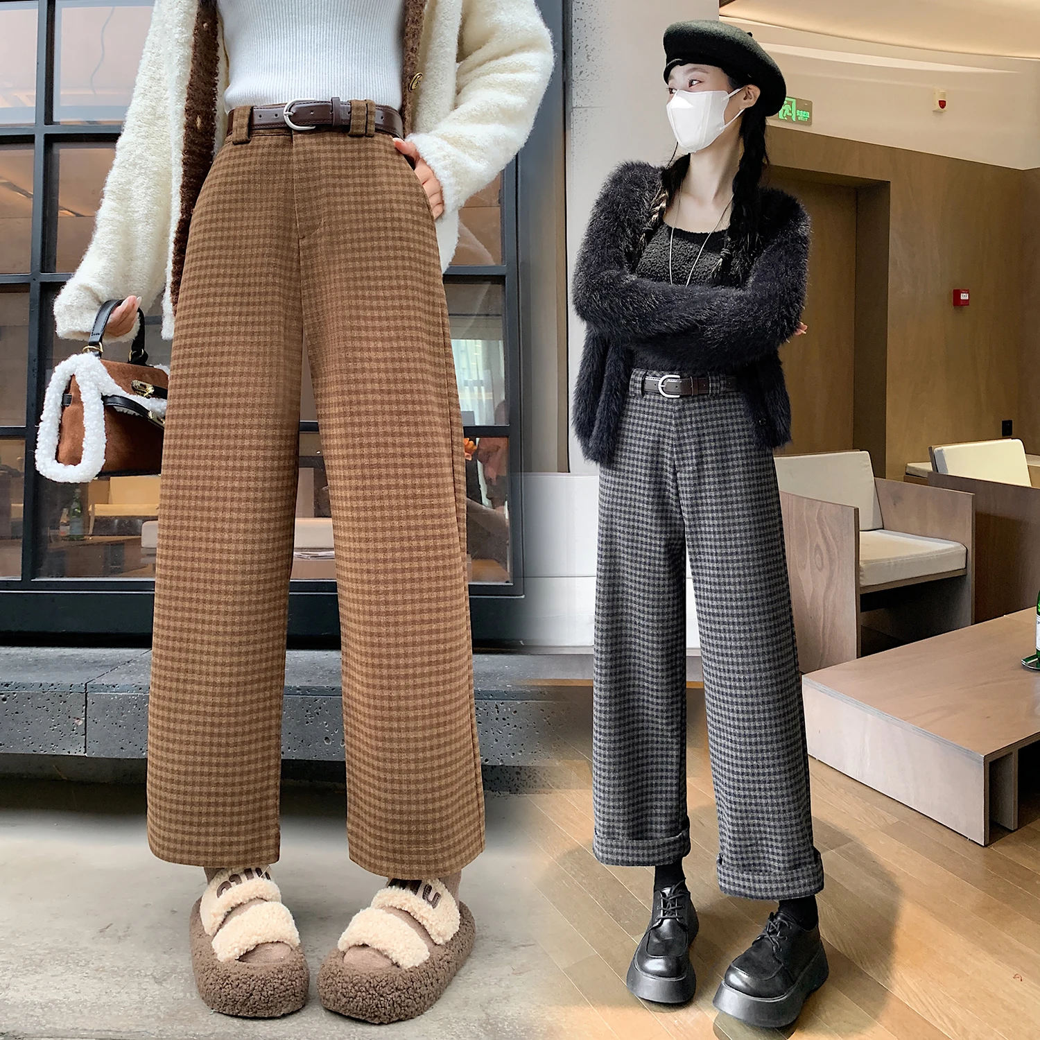 

Retro Tweed Plaid Suit Pants Women's Autumn Winter High Waist Drapey Straight Leg Casual Wide Leg Pants Small Nine Point Pants