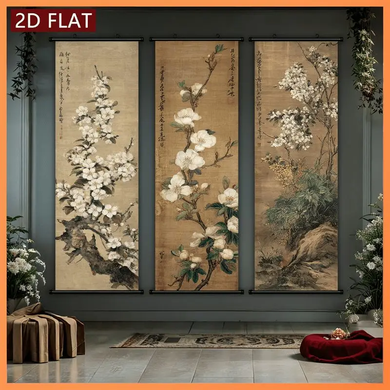 VIKAMA Antique White Plum Blossom Wall Tapestry Calligraphy Chinese Gongbi Scroll Art Home Decor Artistic Gift Soft Durable Cozy