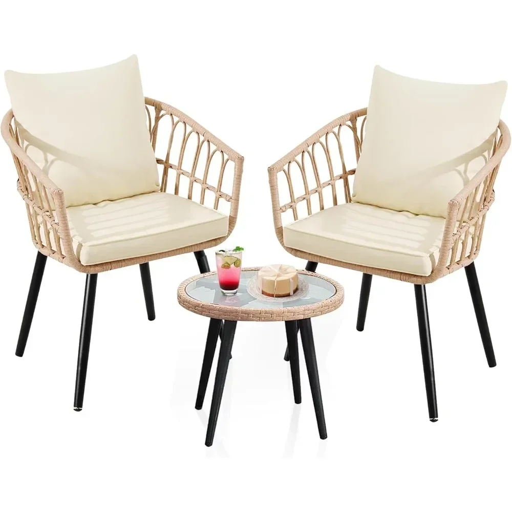 

3 Piece Patio Bistro Sets, Outdoor Wicker Furniture Set, All-Weather Rattan Chairs Conversation Set with Cushions Round Table