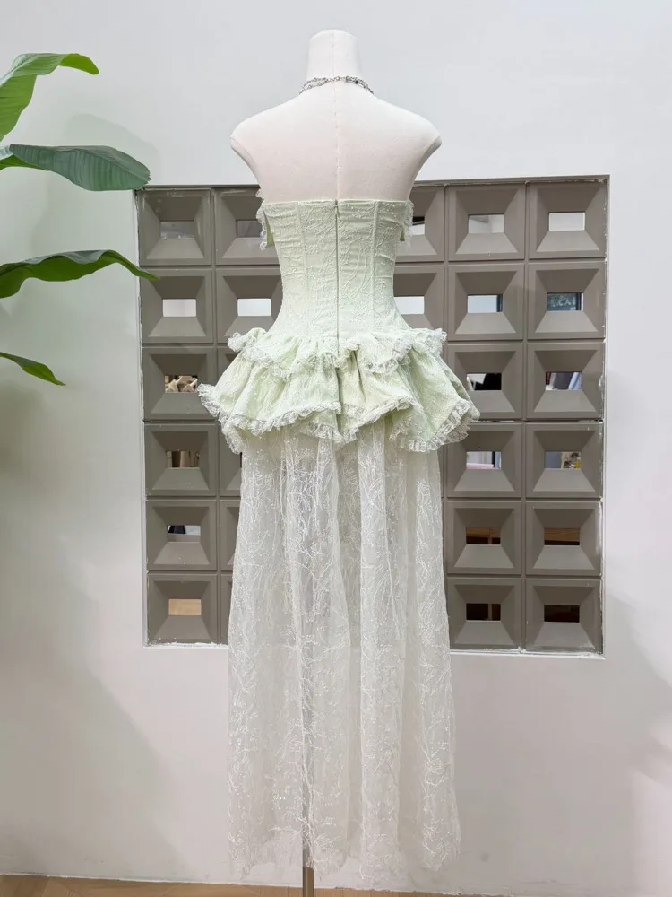Dfdg feminino primavera luz verde sem alças espartilho vestido em camadas plissado elegante festa formal wear 2025 na moda roupa feminina vestido