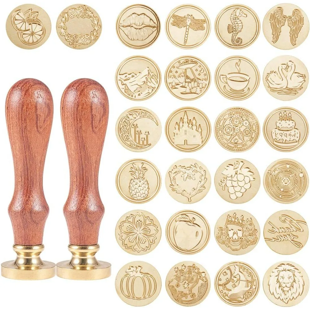 Wax Seal Stamp Heads Set 26PCS Vintage Sealing Wax Stamps Animal and Fruit Theme 25mm Removable Brass Stamp Head with Wooden