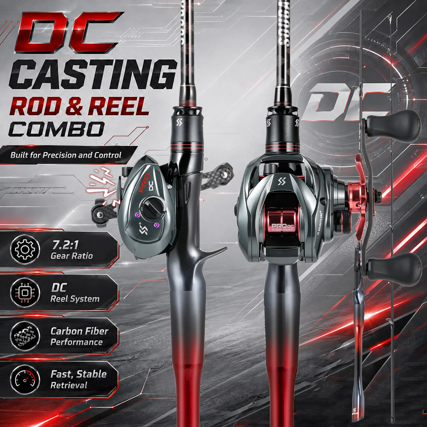 Sougayilang DC Baitcasting Combo 7.2:1 Übersetzungsverhältnis Kohlefaser-Angelrute und Rollen-Set Süßwasser-Salzwasser-Angelset
