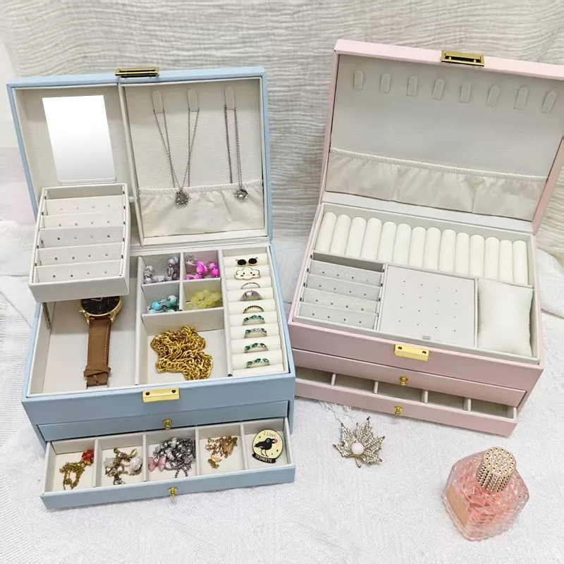 

Кожаная шкатулка для драгоценностей, минималистичная зеркальная коробка для хранения колец, многослойная витрина для ожерелья, органайзер для ювелирных изделий, витрина, подарок