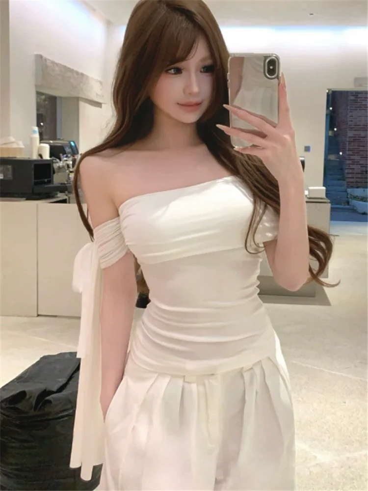 

Сексуальная женская белая короткая футболка Y2k Spice Girl с разрезом на шее, модная тонкая рубашка с лентой, летняя укороченная футболка без бретелек с открытыми плечами