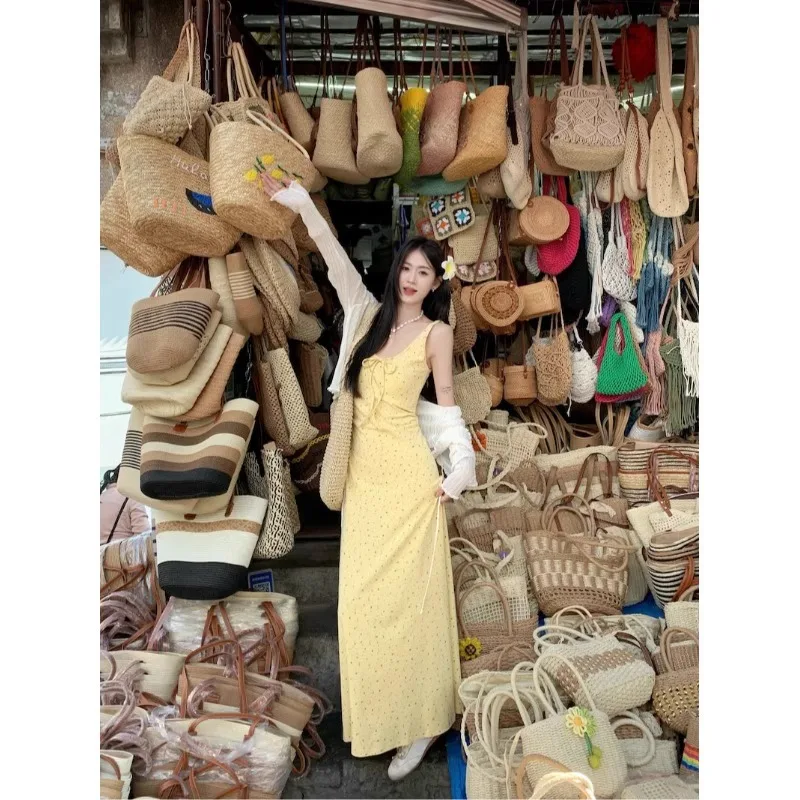 Yellow Floral Suspender Dress for Women in Summer Sleeveless Vest Dress French Sweet Style Waist