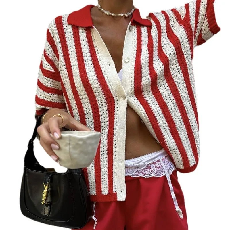 Haut tricoté rouge pour femmes, avec Design de blocs de couleurs européens et chemise à col montant, nouvelle collection printemps 2025