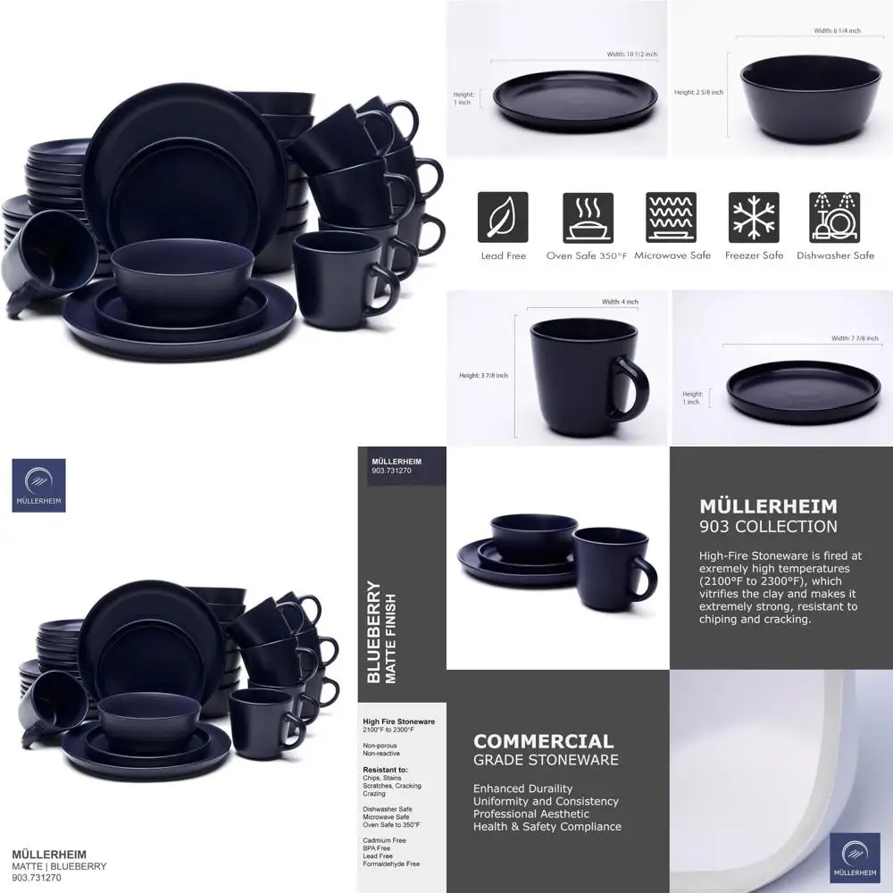 

32-Piece Contemporary Ceramic Stoneware Dinnerware Set for 8, Blueberry-Themed Plates and Bowls, Ideal for Modern Dining