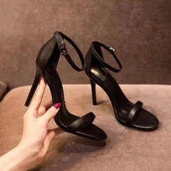 Sandalias De Mujer Summer New Black Elegant Woman Heeled Shoe Thin Heel Sexy Simple Allmatch Soft Leather Shoe босоножки женские