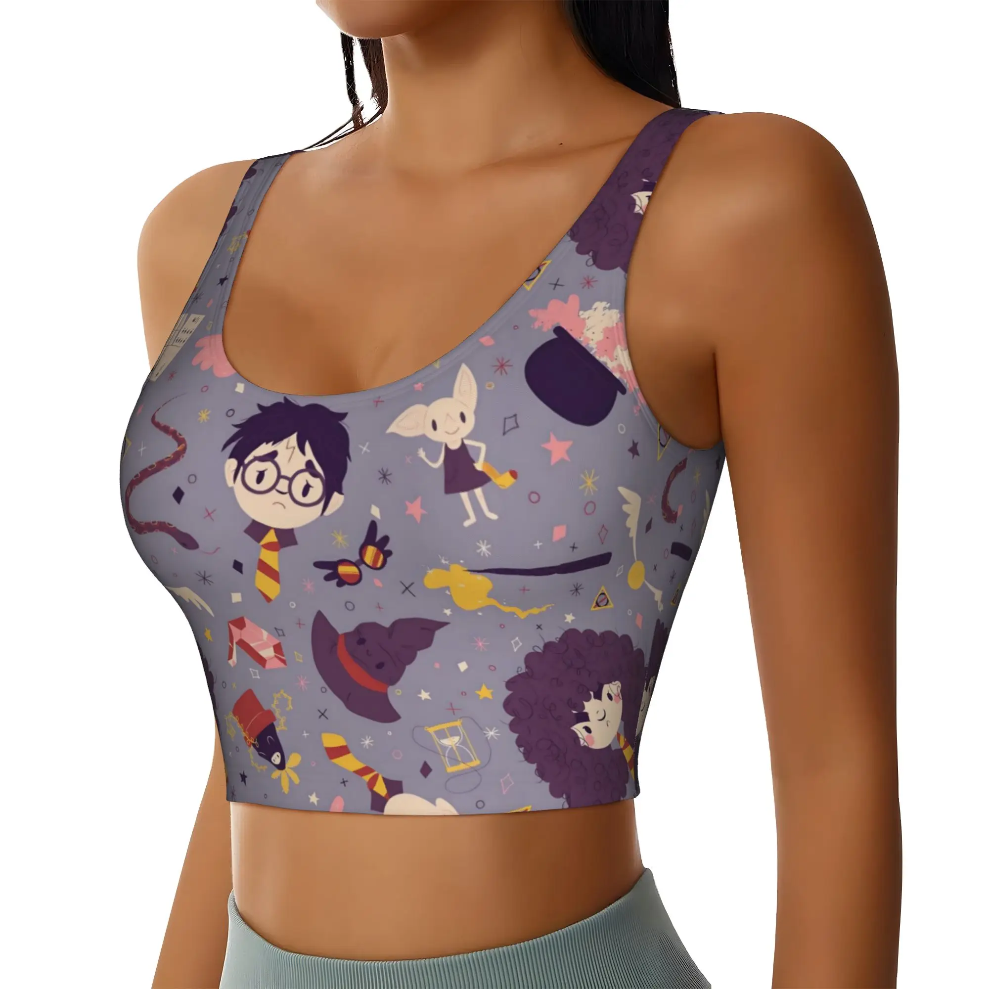 Custom Women H-Harryed Cartoon Sports Bras Magic School High Impact Gym Workout Running Crop Tank Tops