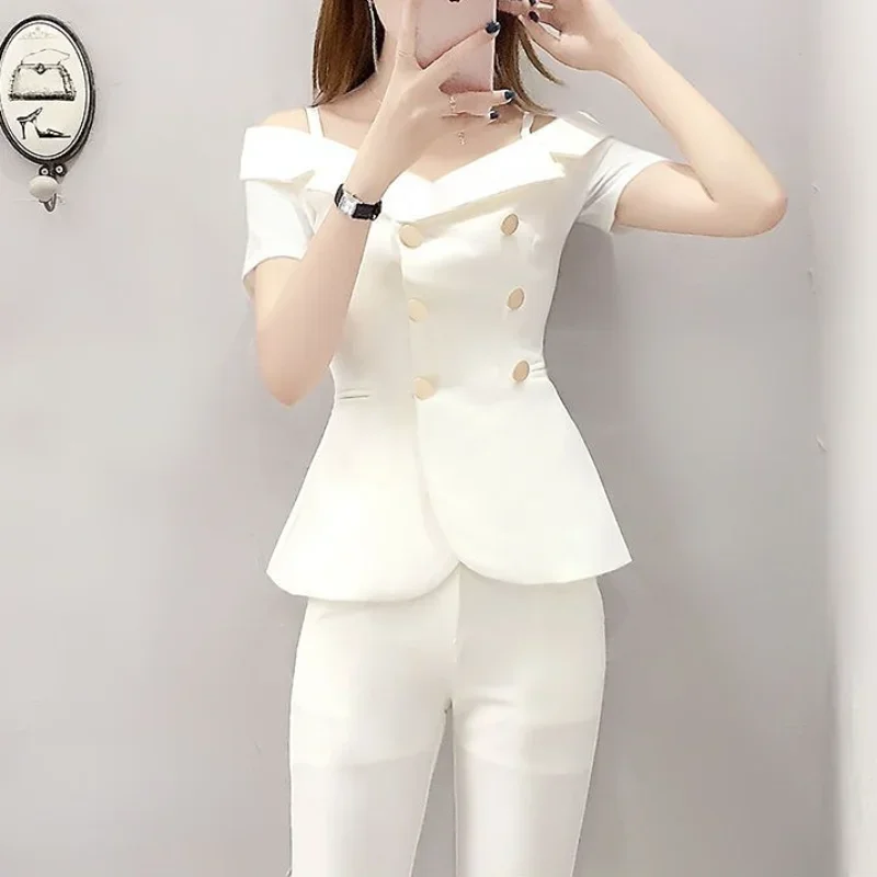 Womens 2 Pant Sets Off The Shoulders Outfit Two Piece Set Pants for Women White Sexy Black Trouser Suit Korea Stylish Clothing D