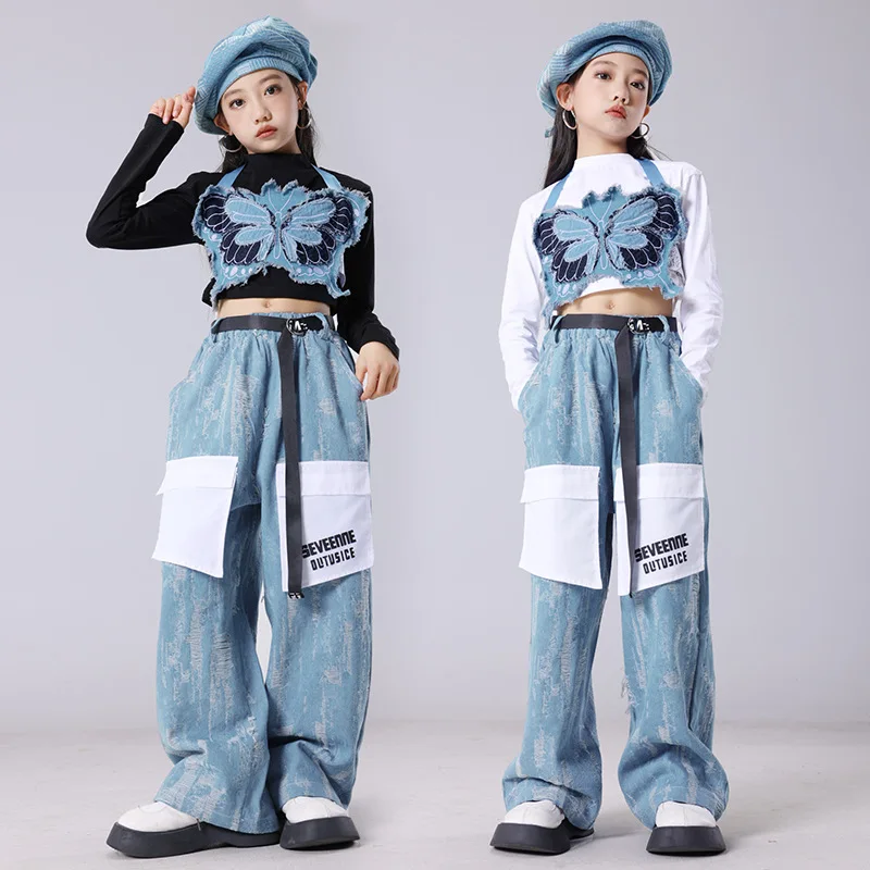 

Fashion Butterfly Design Tops Jeans School Kids Hip Hop Performance Costume 13 14 16 Years Teenage Girls Jazz Dance Outfits Set