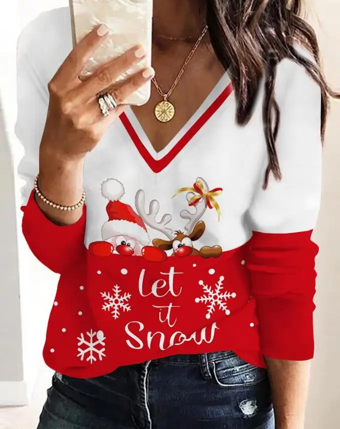 

Casual Blouse for Women Autumn Spring Christmas Santa Claus Elk Print V Neck Long Sleeve Top Loose Pullover Women's Clothing