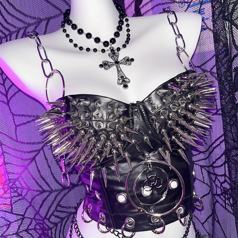 新作 スウィートクール ゴシック ブラック レディース スリング 2025 夏 Y2K ホットガール 欧米風 セクシー パンク チェーン ファッション リベット ベスト レディース