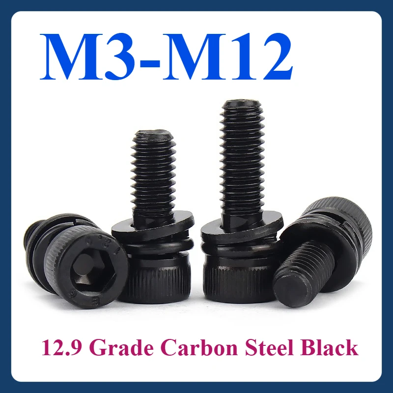 

M3 M4 M5 M6 M8 M10 M12 12.9 Grade Carbon Steel Black Screws Bolt Washers Hex Socket Head Cap Set Allen Screw Flat Spring Washer