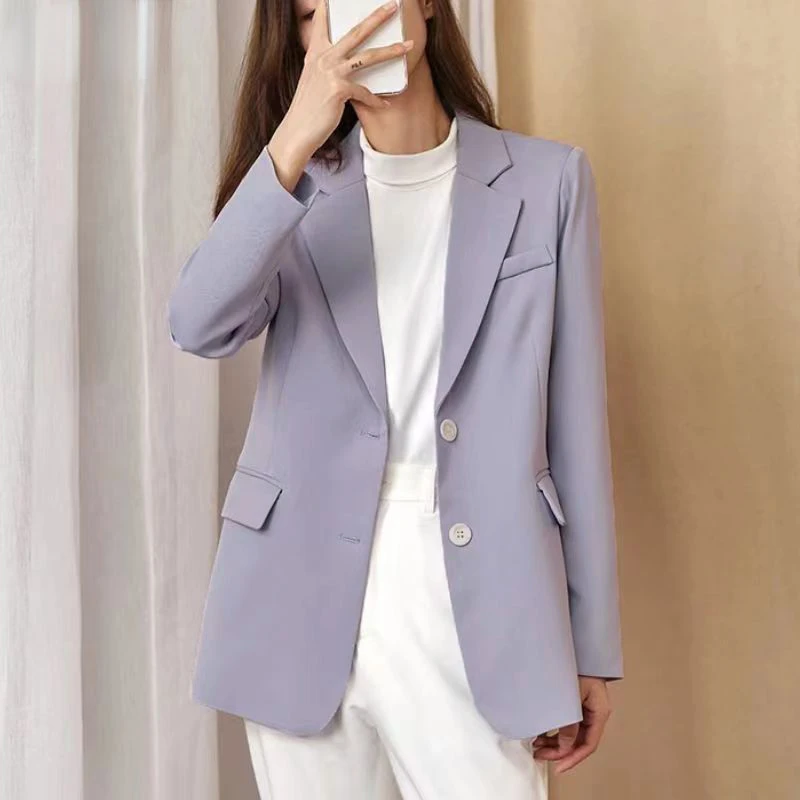 Chaqueta morada de manga recta para mujer, abrigo informal de un solo pecho, lavanda, para oficina, otoño y primavera, novedad de 2023