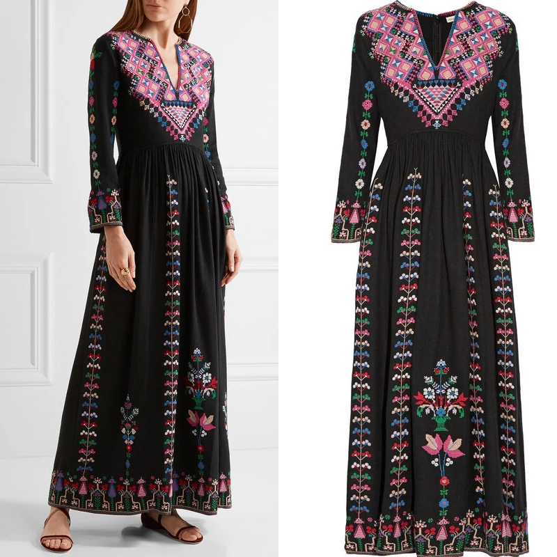 

High End Fashion Vintage Summer Women Embroidery V Neck Flare Sleeve BOho Casual Holiday Flower Maxi Dresses