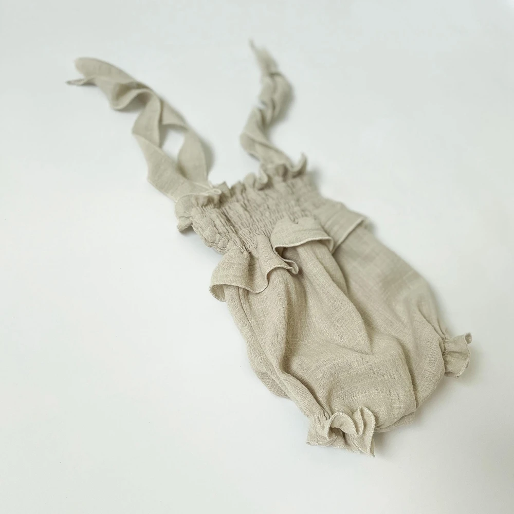 Newborn Photography Props Baby Girl Yellow Linen Cotton Off Shoulder Ruffle Tie Strap Romper Soft Infant Photo Shoot Outfit view 3