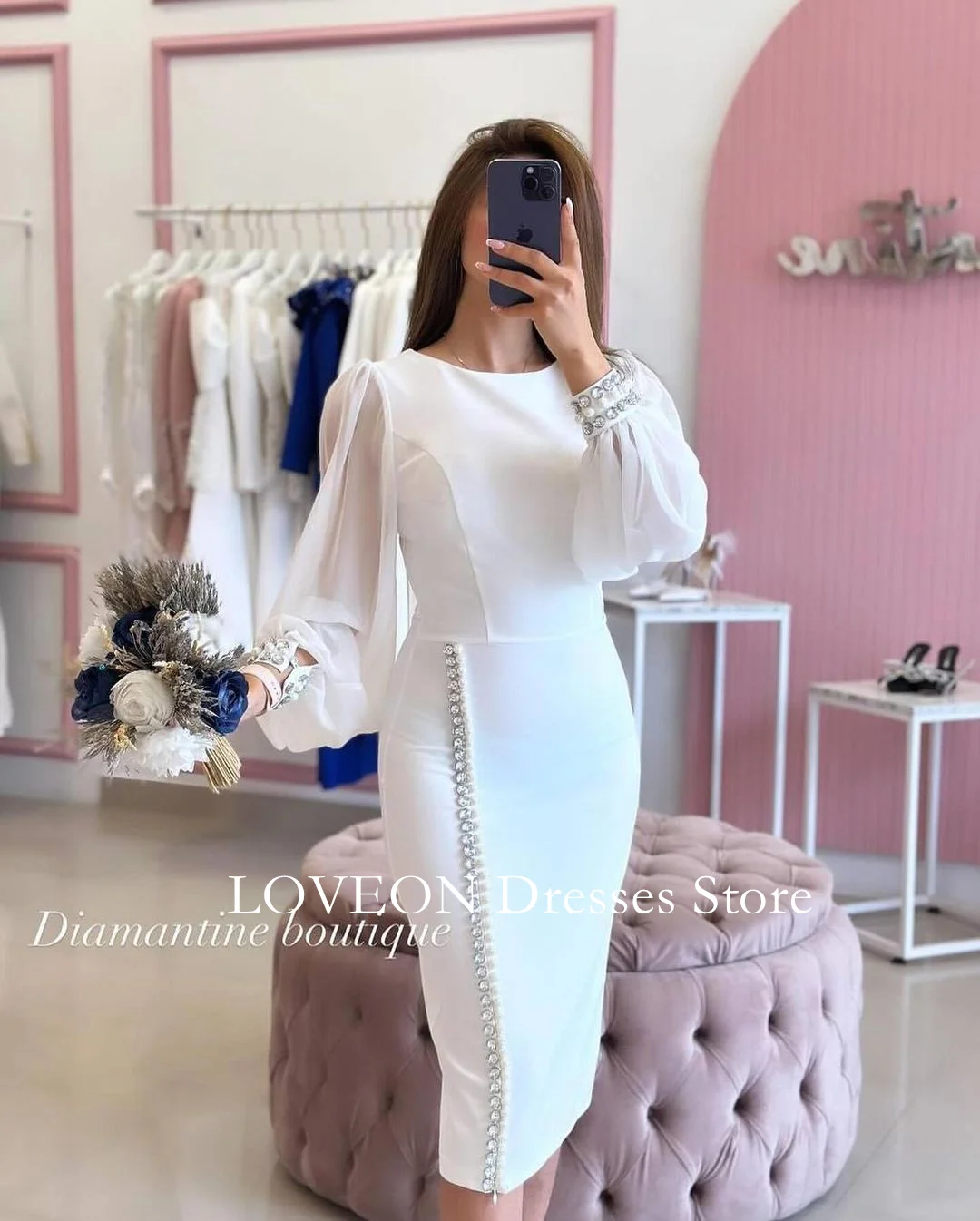 

LOVEON O-Neck Crepe Satin Prom Dress Formal White Ankle Length Crystals Party Evening Gowns for Women Formal Bridesmaid Dress