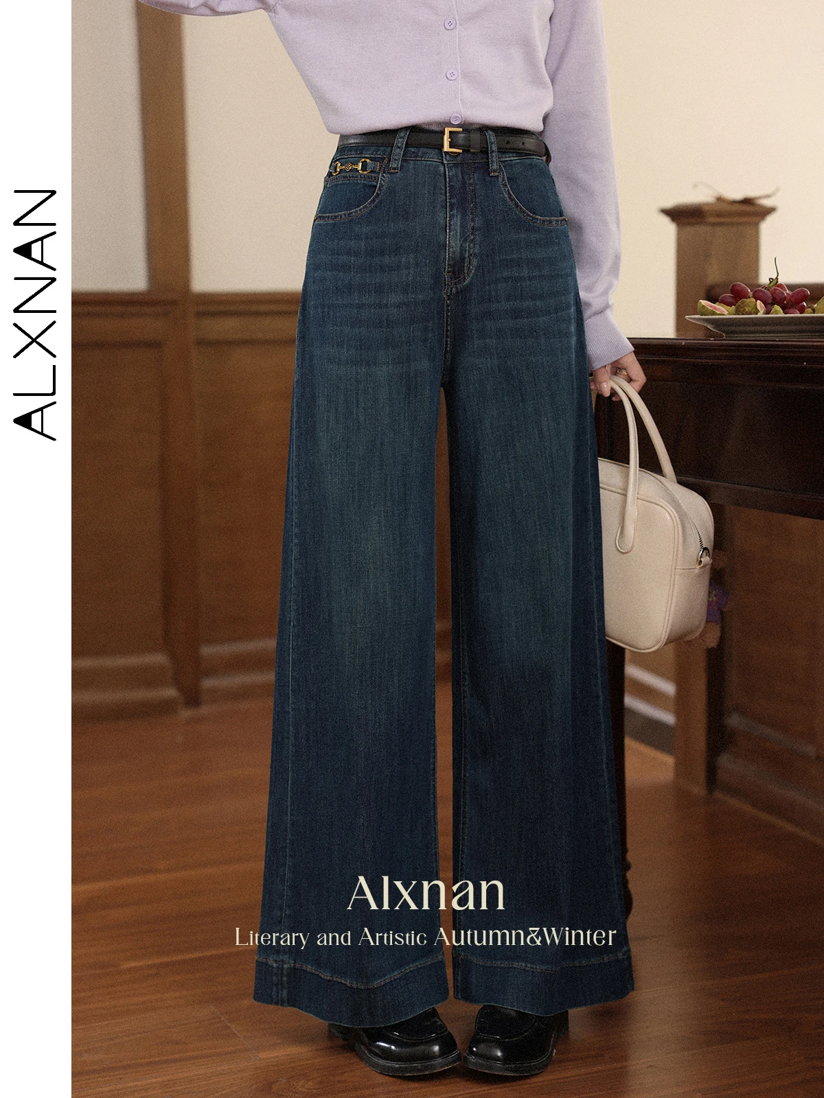 

ALXNAN Women's Jeans Blue Vintage Wide-leg Straight Cotton Baggy Jeans 2025 Autumn New High-waist Office Lady Denim Pants L56787