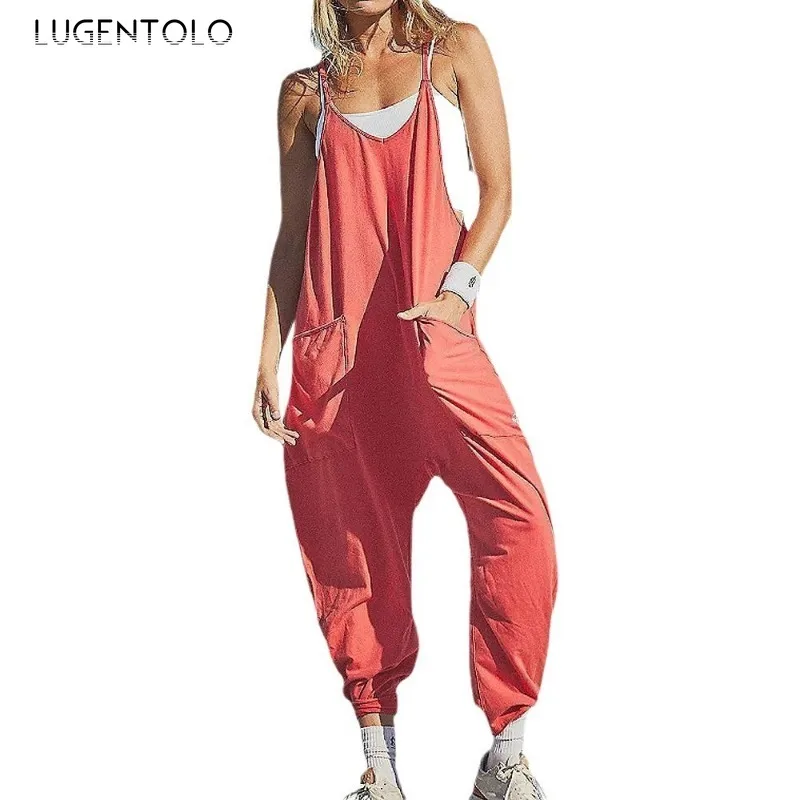 

Women Casual Jumpsuits Summer Solid Color Suspenders Zippered Patch Pockets Loose Pants High Street Party Wear Available 5XL