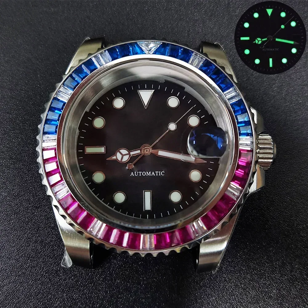 

40mm NH35 Case Colorful Diamond Bezel Stainless Steel Sapphire Glass for SUB Yacht NH36 Movement Waterproof 50m Watch Case