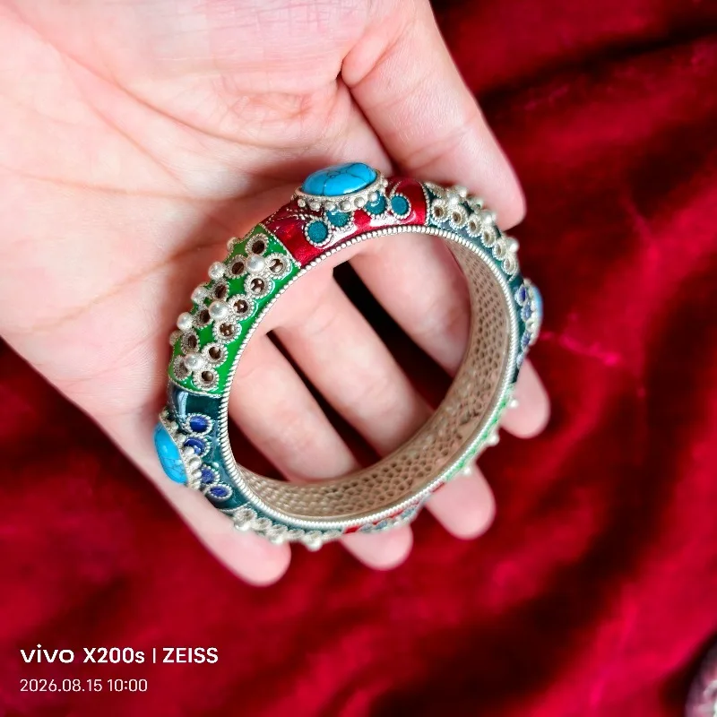 Antique Chinese Qianlong Mark Cloisonne Bangle Inlaid Blue Beads Vintage Collectible Folk Wrist Accessory