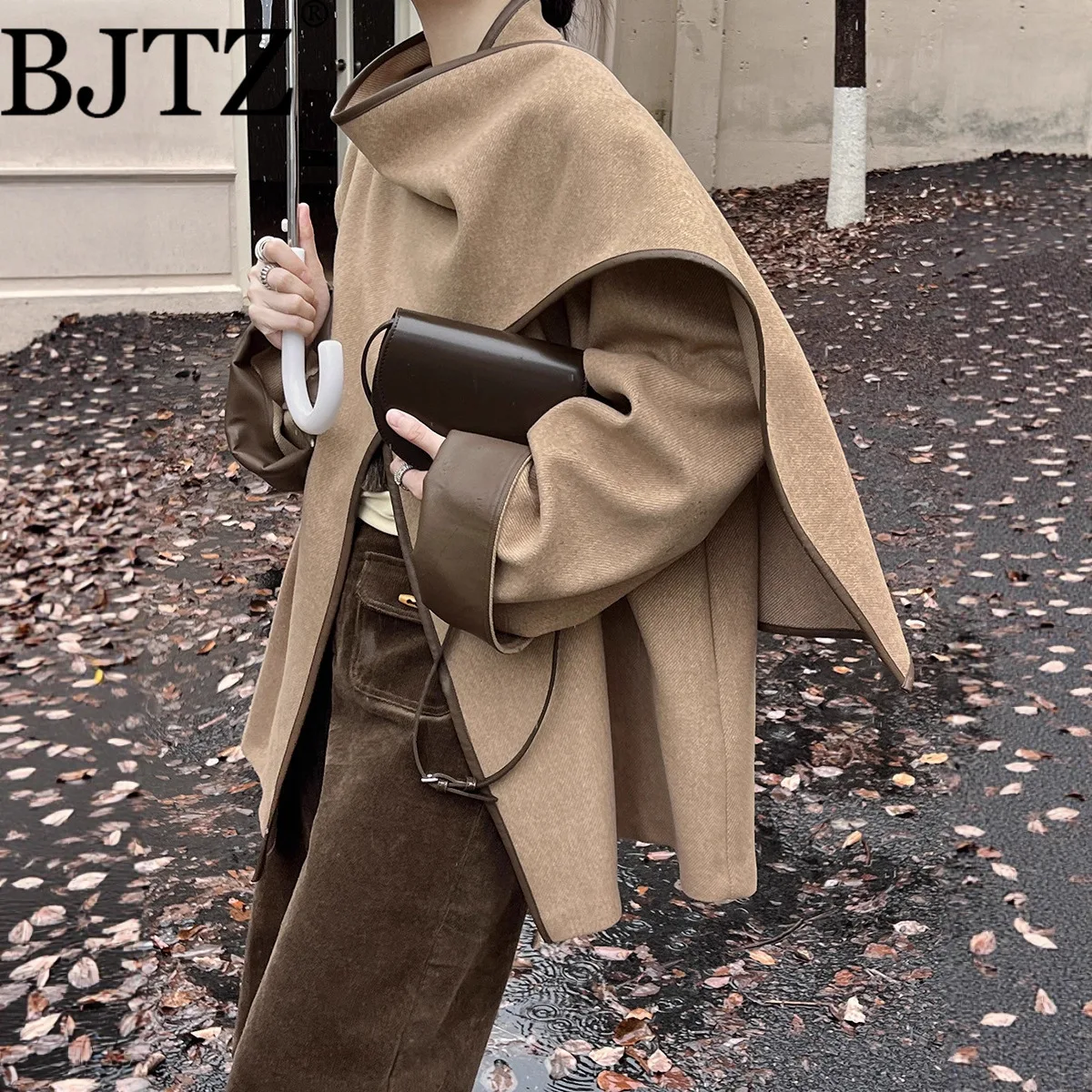 

BJTZ Autumn Winter New French Style 50% Wool Coat With Scarf Collar Color-Block Versatile Women's Jacket