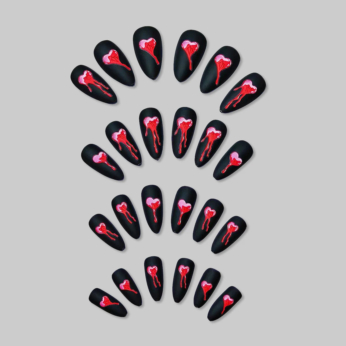 Black Matte Almond Fake Nails for Spicy Girls 24Pcs Acrylic Press On Nails Red Love Heart Printed Valentine's Day DIY Manicure